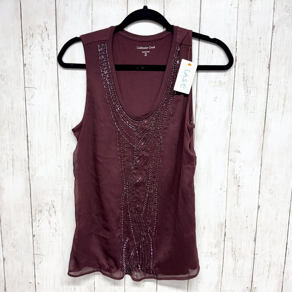 Coldwater Creek Top Women Size XS Brown Beaded V-Neck Sleeveless Blouse Sheer